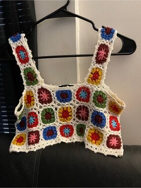 Say What Hand-Crochet Multicolor Granny Square Crop Tank Top Size Large/XL NWOT